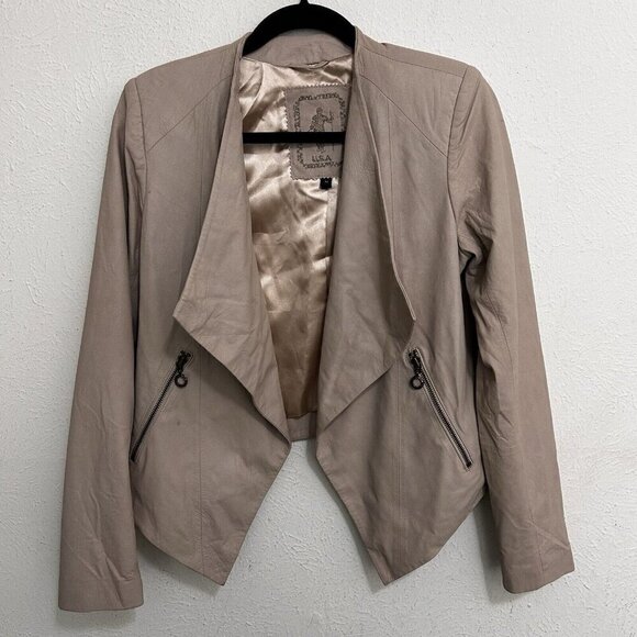 My Tribe Women's Long Sleeve Leather Biker Jacket Open Front Cropped Beige M - Picture 1 of 11